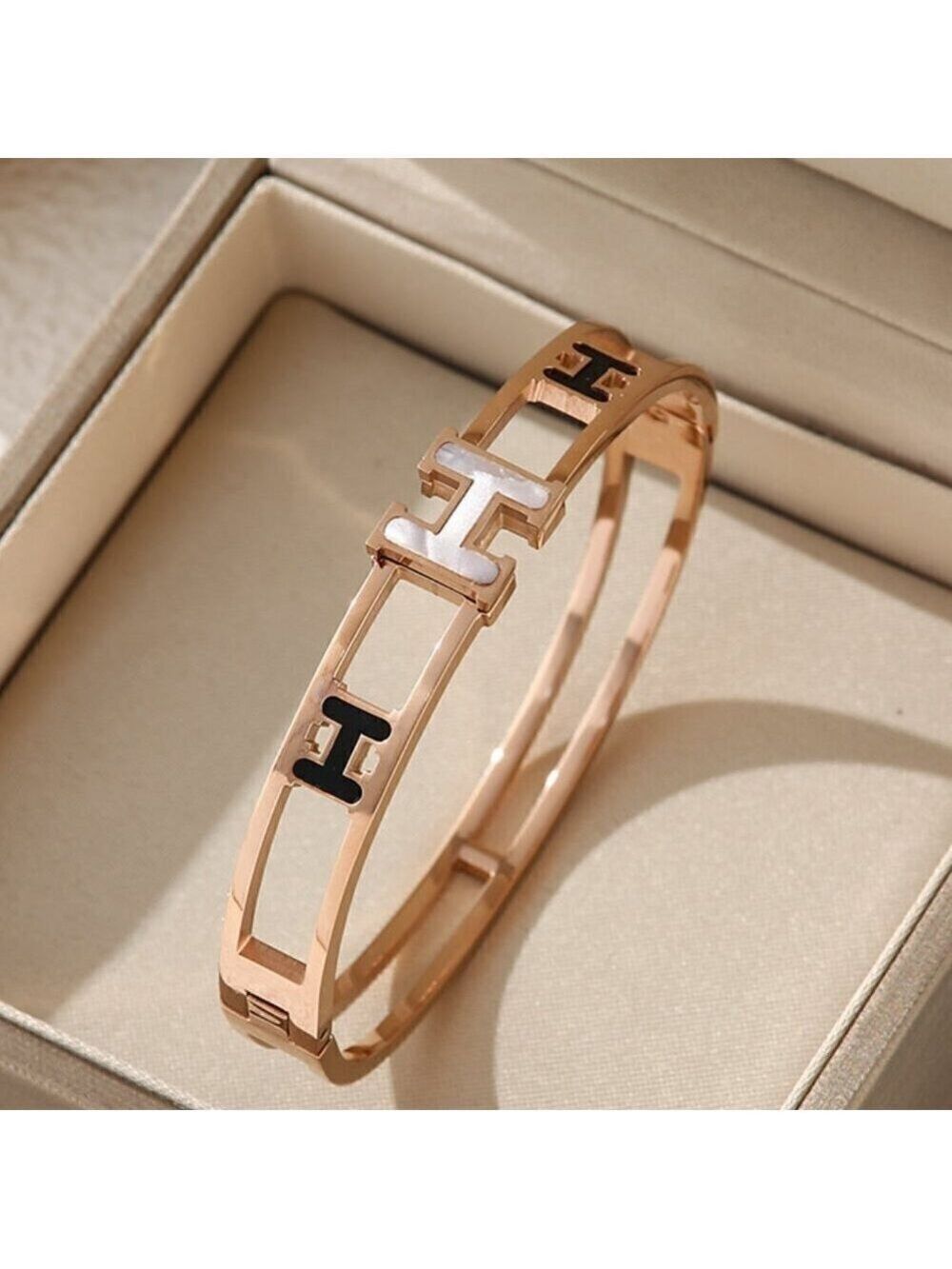 18K Rose Gold Plated Titanium Steel Luxury Bangle, H , Pearl White and Black
